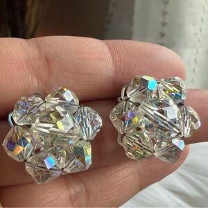 VINTAGE | Filigree Back Aurora Borealis AB Crystals Cluster Clip On Earrings